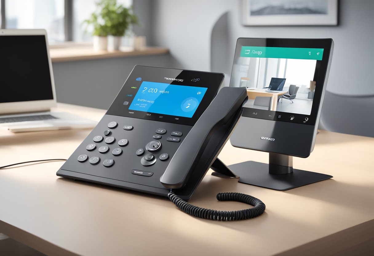 A Tandberg E20 VoIP Video Phone sits on a sleek, modern desk, with a large, high-definition screen displaying a crisp, clear video call