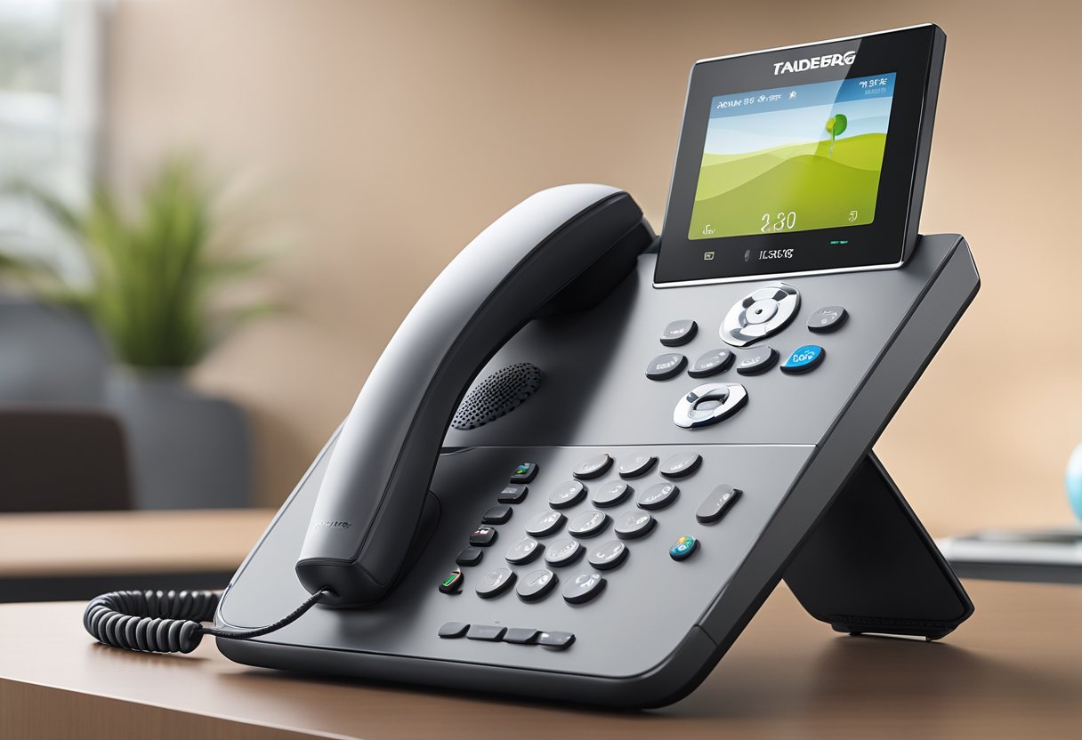 The Tandberg E20 VoIP Video Phone 8071 sits on a clean, modern desk. The phone's sleek design and large screen are the focal point, with a keypad and buttons visible for interaction