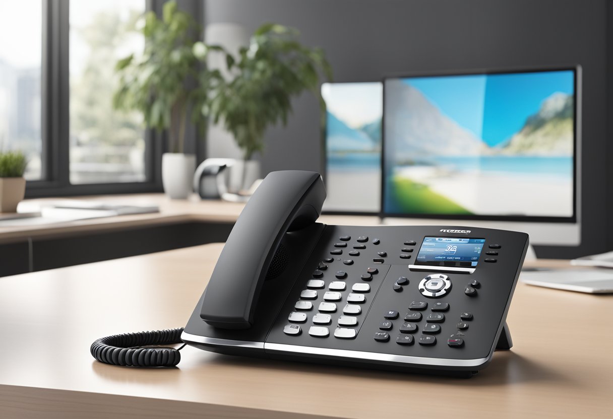 The Tandberg E20 VoIP Video Phone 8071 sits on a sleek desk, illuminated by soft ambient light. Its modern design and user-friendly interface are highlighted, with a clear view of the screen and keypad