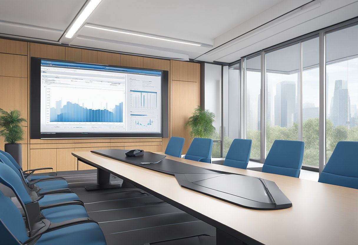 A TANDBERG Profile 3000 MXP 313 sits on a sleek, modern desk in a well-lit conference room, surrounded by high-tech communication equipment