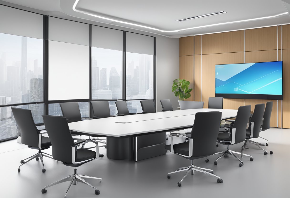 The TANDBERG Profile 3000 MXP 313 is mounted on a sleek, modern stand, surrounded by high-tech equipment and cables in a professional conference room setting