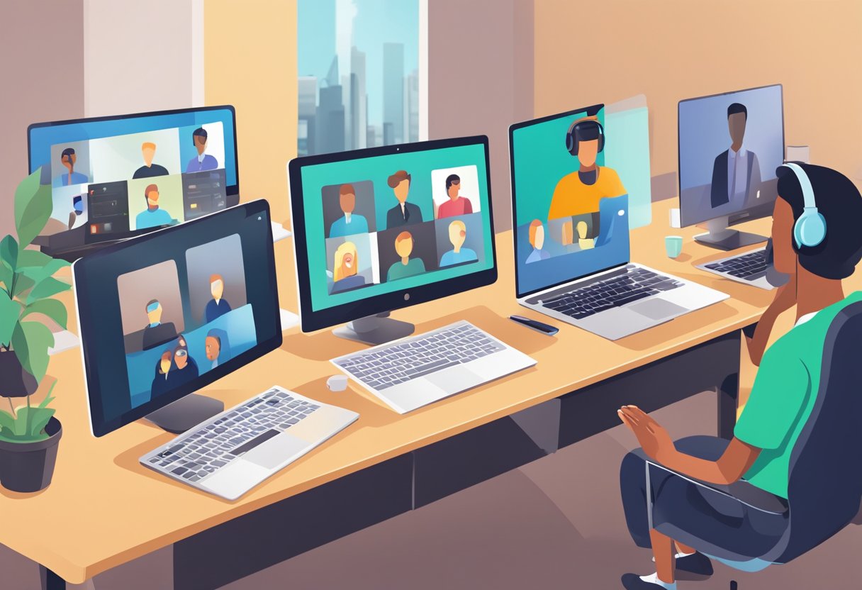 Multiple devices on a desk, showing a video conferencing app with participants in separate locations