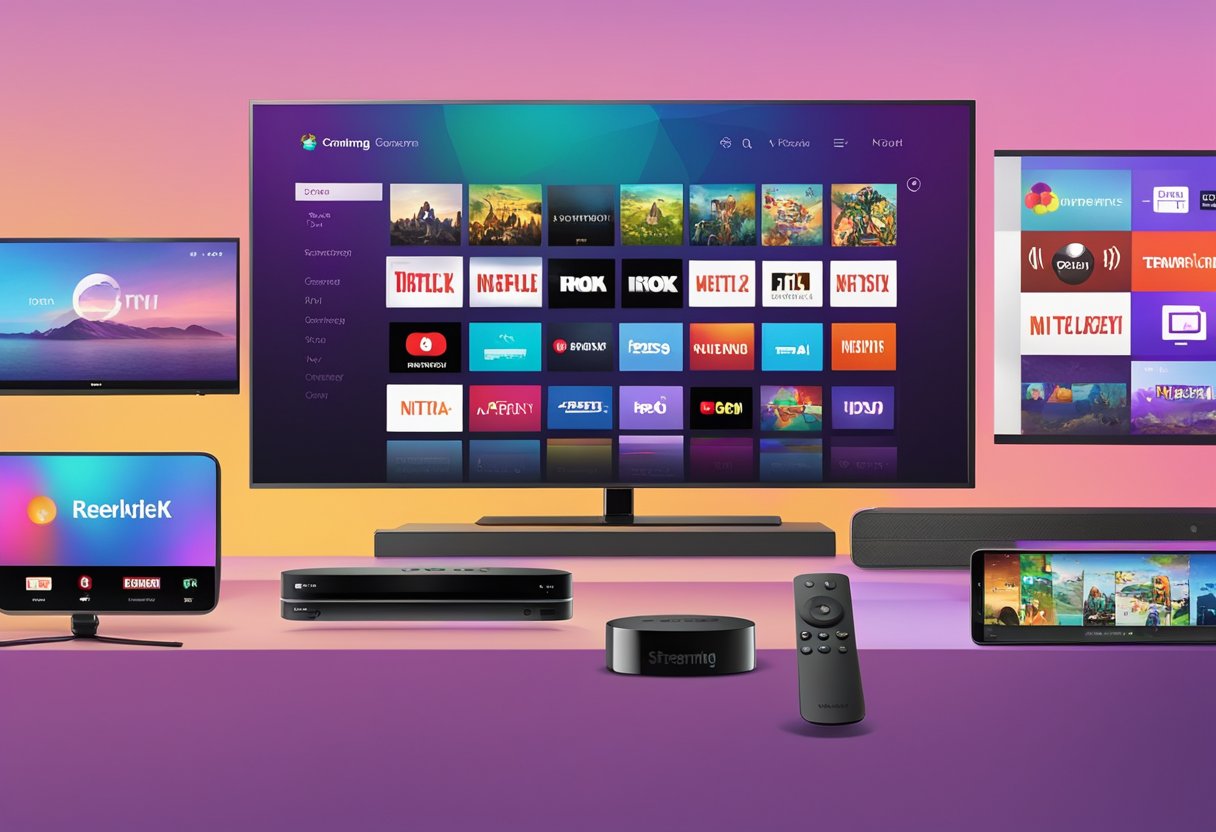 Various popular streaming devices and platforms, such as Android TV, Chromecast, and Roku, are connected to a television screen, displaying a variety of streaming content options