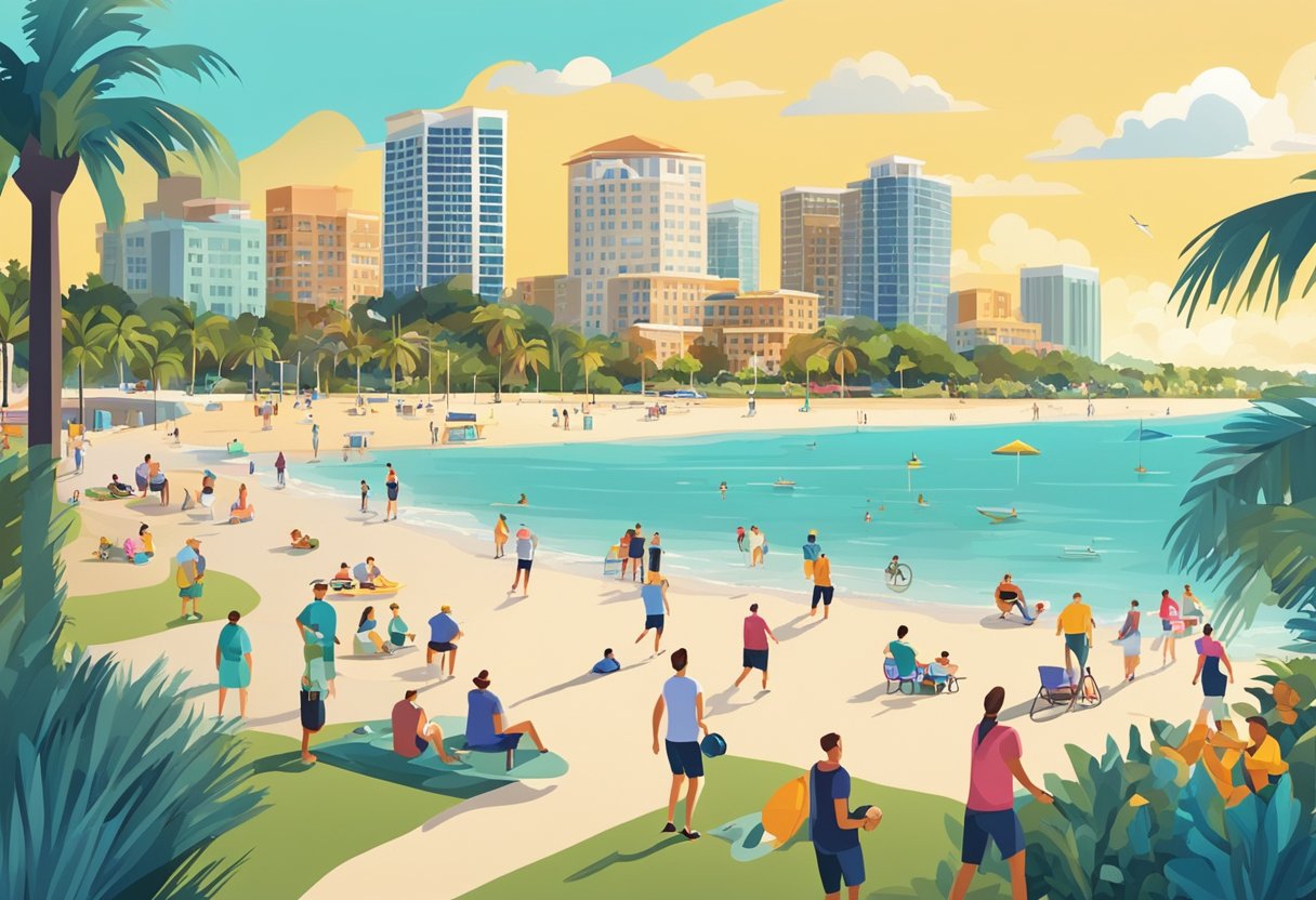 People enjoying outdoor activities in Sarasota, Florida. Vibrant city life with beaches, parks, and entertainment options