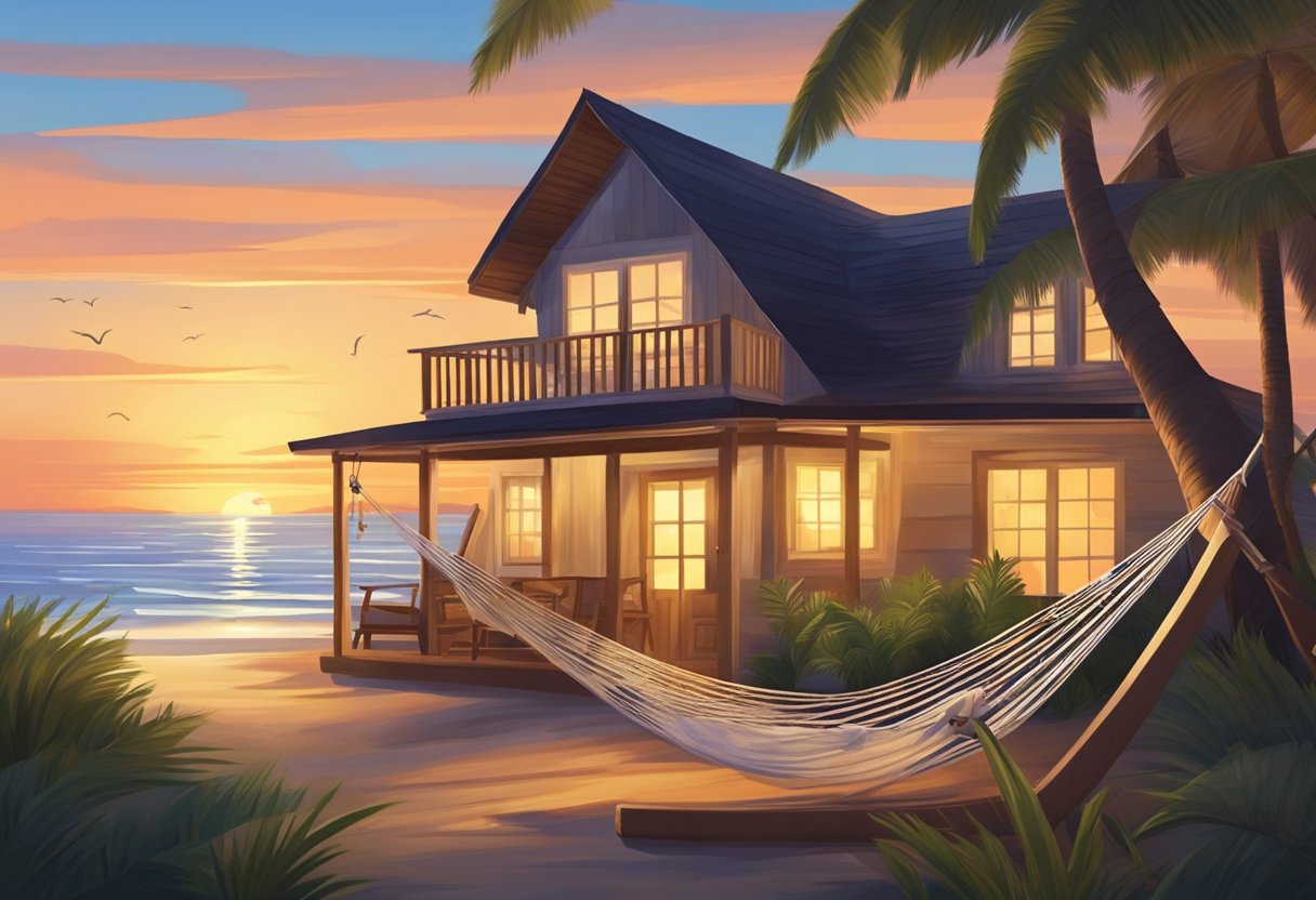 A cozy beachfront cottage with a hammock and two chairs, overlooking the sunset. Palm trees swaying in the breeze, creating a romantic atmosphere
