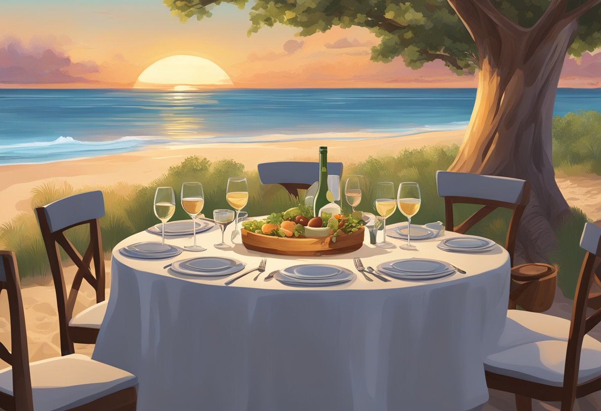 A table set with gourmet dishes and wine overlooking a sunset beach. The couple's initials carved in a nearby tree