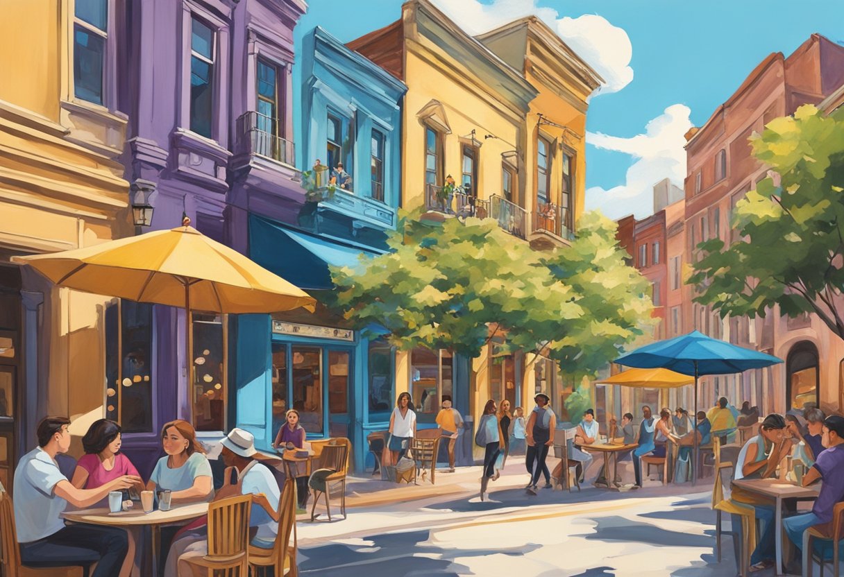 Vibrant street art adorns historic buildings, while live music fills the air at outdoor cafes. Couples stroll hand in hand through the bustling arts district, surrounded by colorful murals and lively cultural performances
