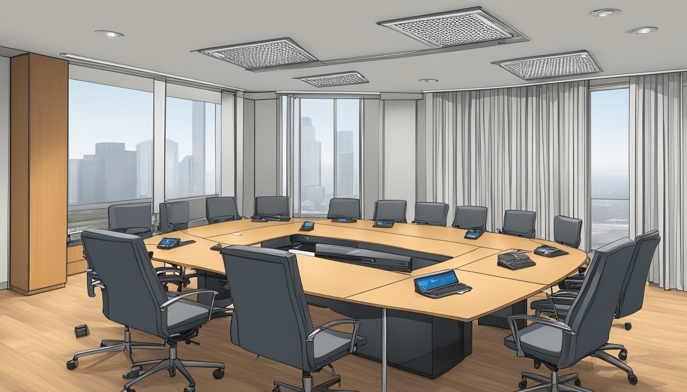 A conference room table is adorned with Polycom audio conferencing equipment, including a speakerphone and microphone array. Wires connect the devices to a central control unit