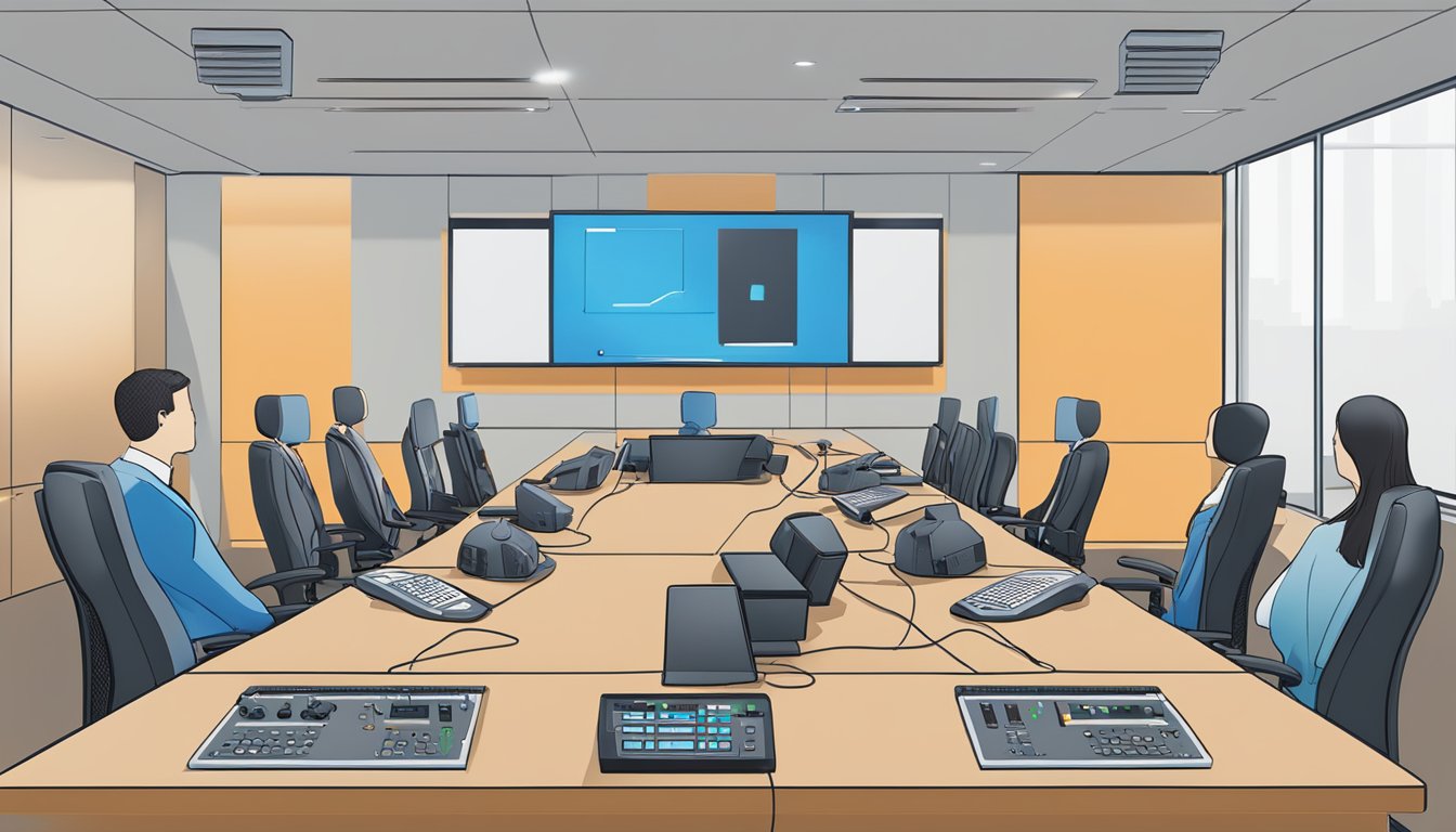 Polycom equipment arranged on a conference table, including microphones, speakers, and a control unit. Wires are neatly organized and connected to a central hub