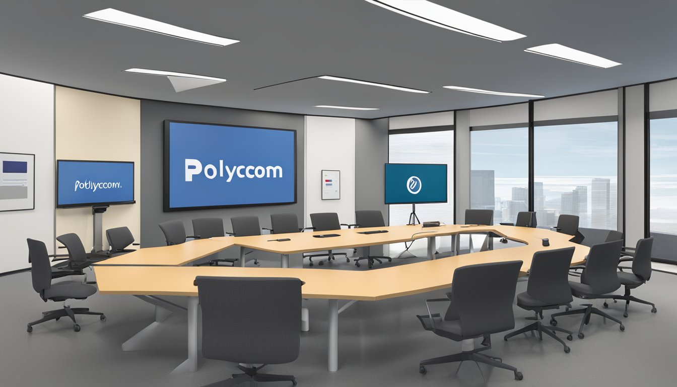 A conference room with Polycom equipment set up on a table, including a microphone, speaker, and video conferencing unit. A large screen displays the Polycom logo
