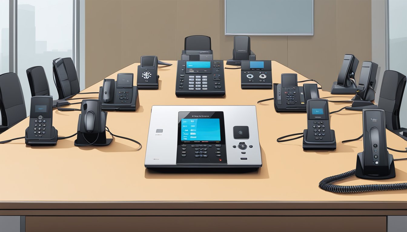 A variety of Polycom conferencing equipment arranged neatly on a table. Includes cameras, microphones, and speakerphones