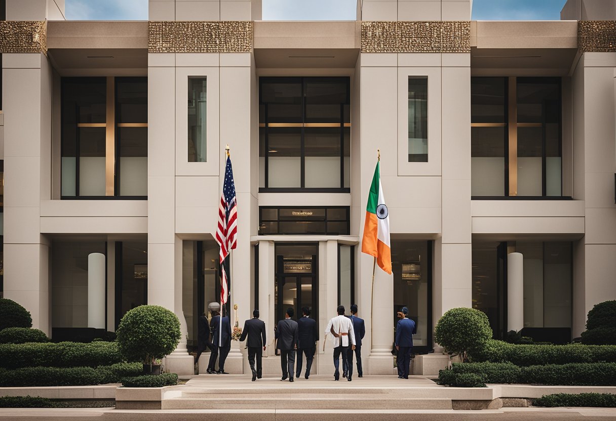 The Indian consulate in Houston bustles with people entering and exiting, while the Indian flag flies proudly outside. The building's architecture reflects a blend of traditional Indian and modern design elements