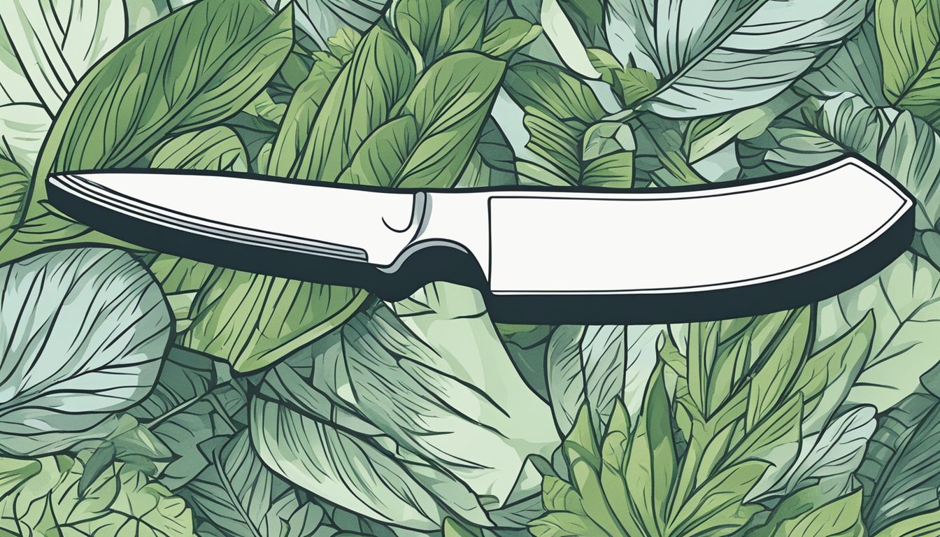 A garden machete slicing through overgrown foliage, with a sturdy handle and curved blade for efficient pruning