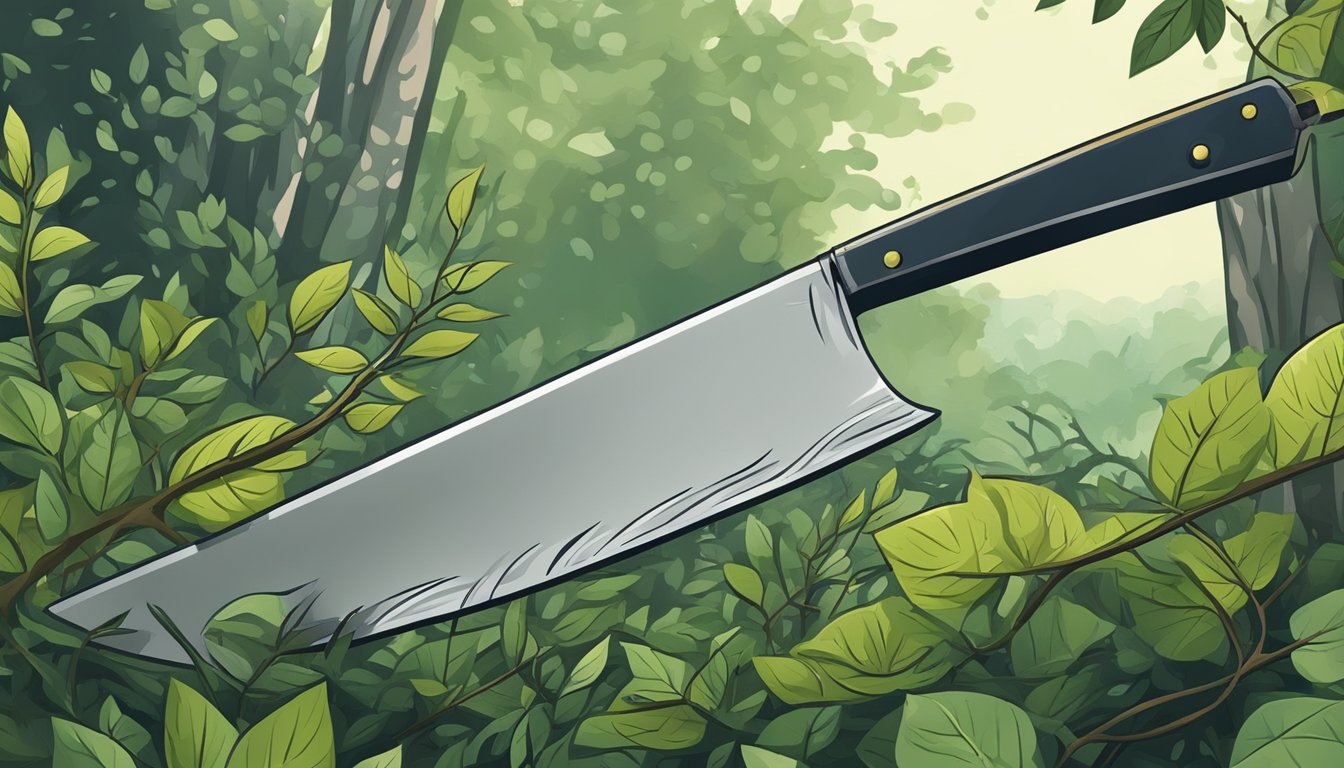 A garden machete slicing through overgrown branches, creating clean cuts with precise pruning techniques