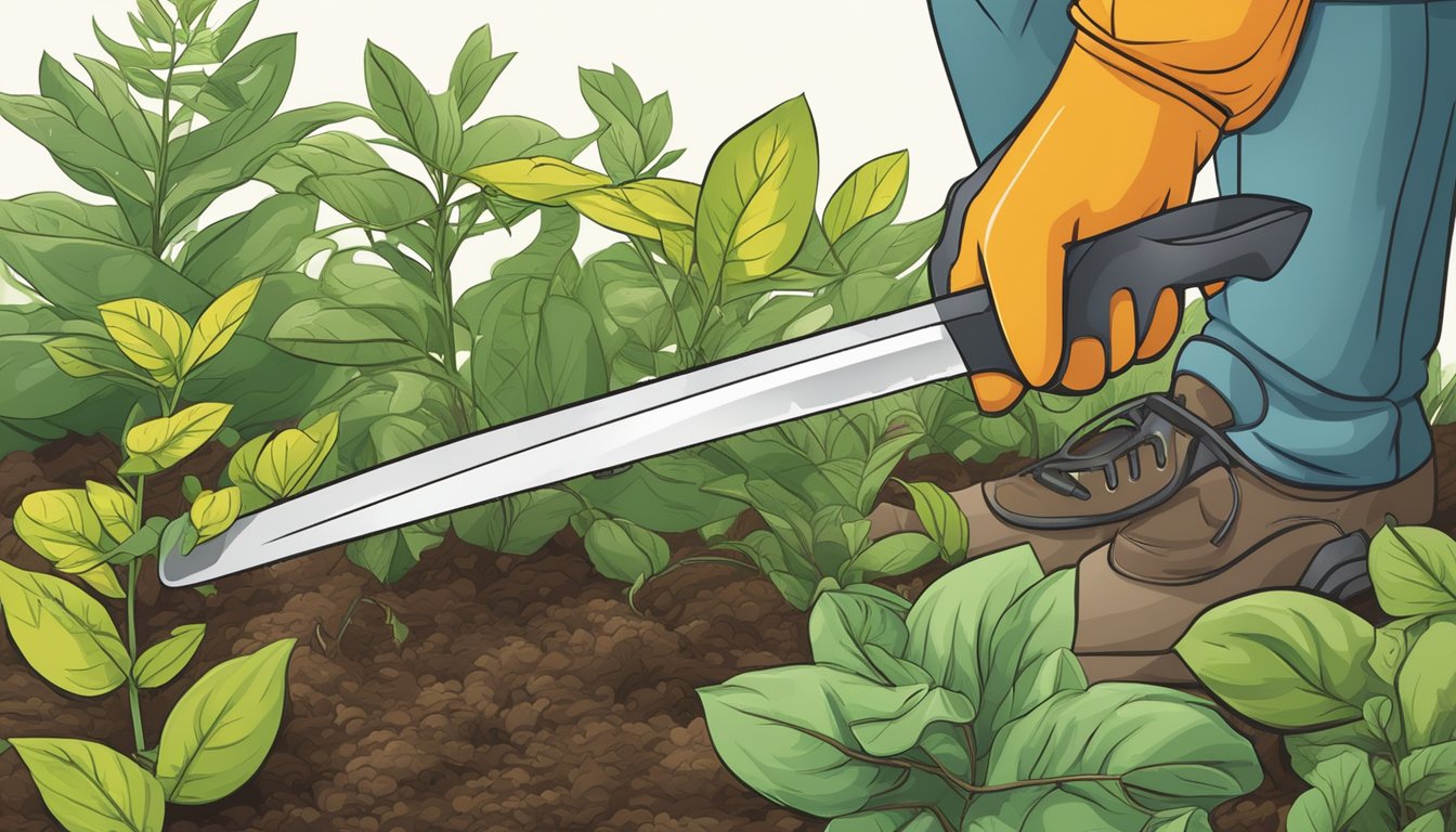 A garden machete is being used to prune plants, with safety goggles and gloves nearby for precaution