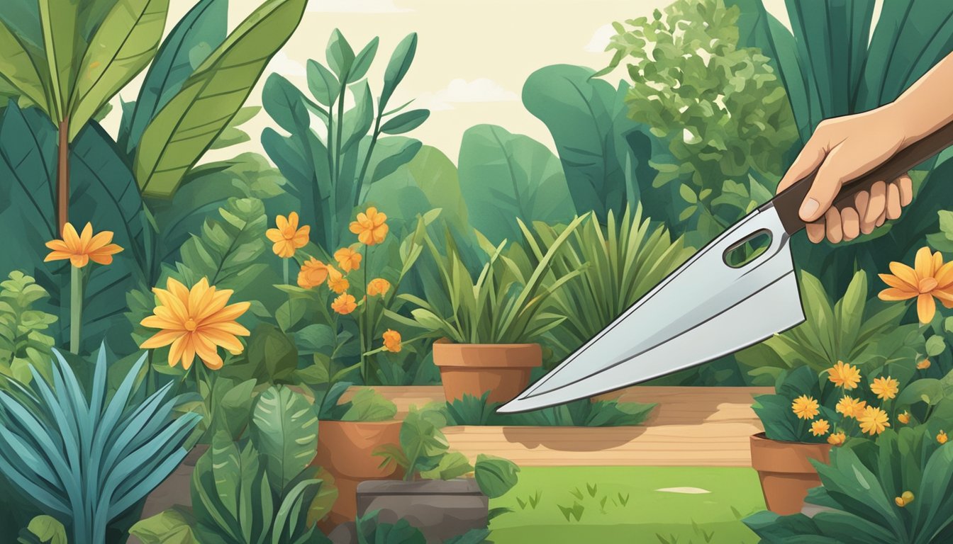 A hand reaches for a machete among various gardening tools. The blade is long and curved, with a wooden handle. The scene is set in a lush garden with plants and trees in the background