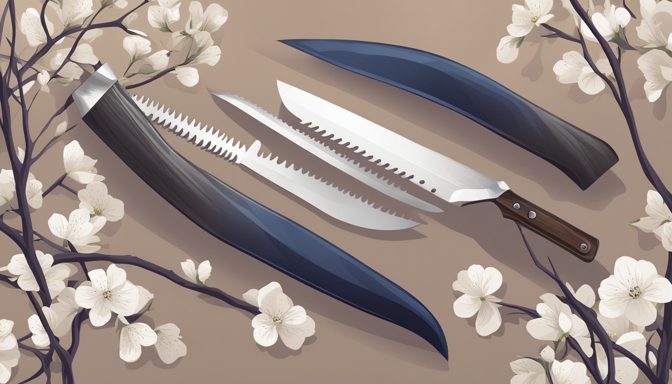 A garden machete slices through thick branches, while another prunes delicate flowers. Both tools showcase innovative design for efficient gardening