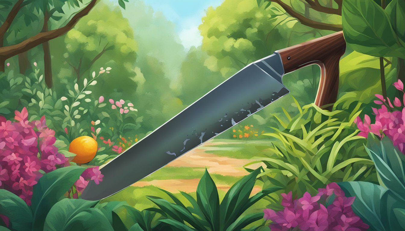 A garden machete cuts through overgrown branches in a lush, vibrant garden setting