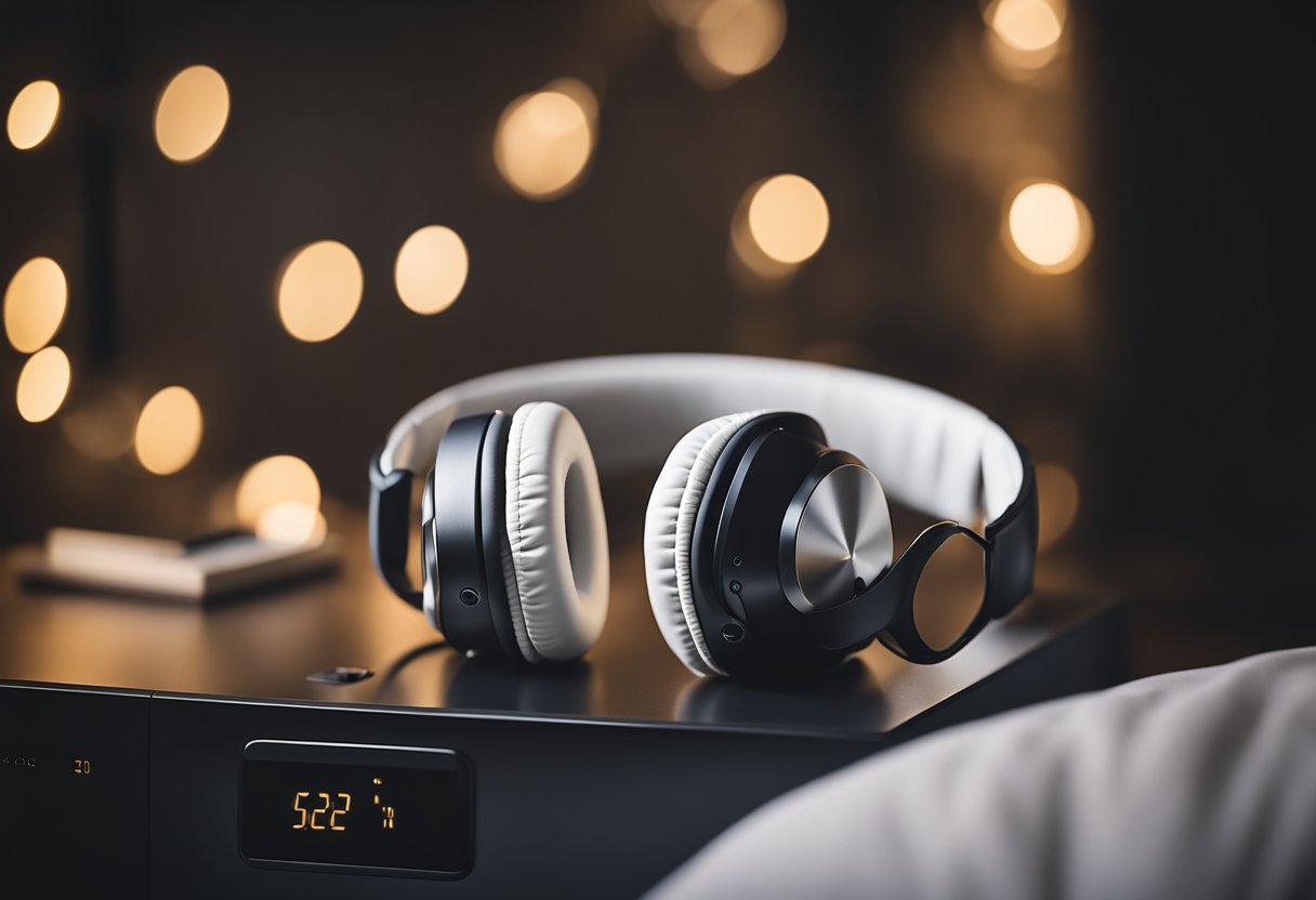 A hand reaches for noise-cancelling sleep headphones on a nightstand