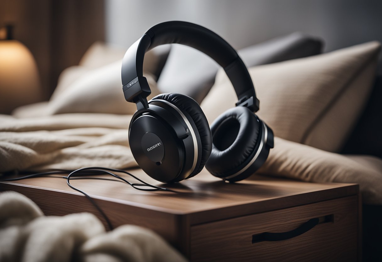 A pair of noise cancelling headphones sits on a nightstand, next to a cozy bed with soft pillows and a warm blanket