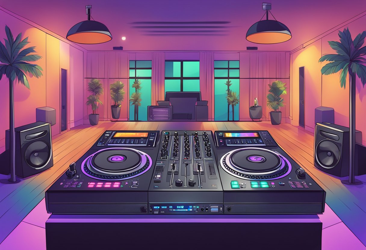 A DJ setting up equipment, adjusting sound levels, and preparing music playlists for an event. Lights and speakers are positioned around the room