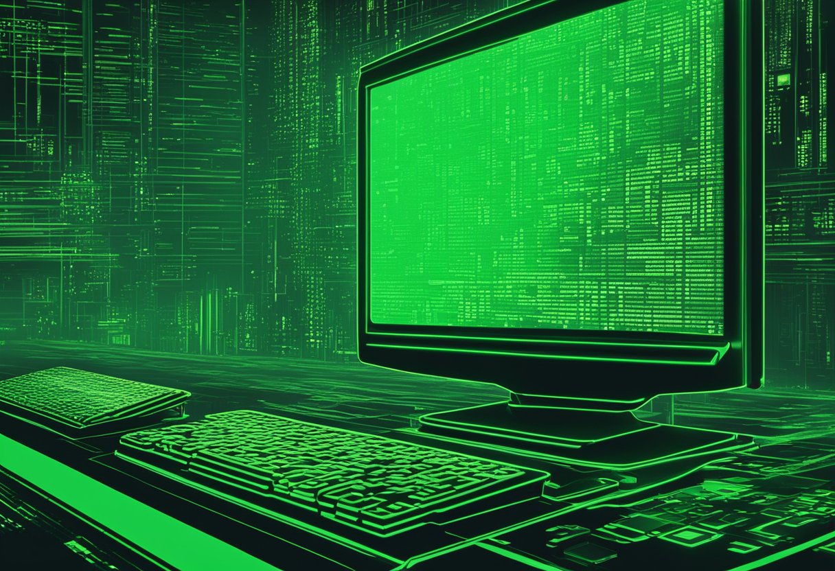 A computer screen displaying a series of code and green digital characters, with the iconic Matrix green color scheme