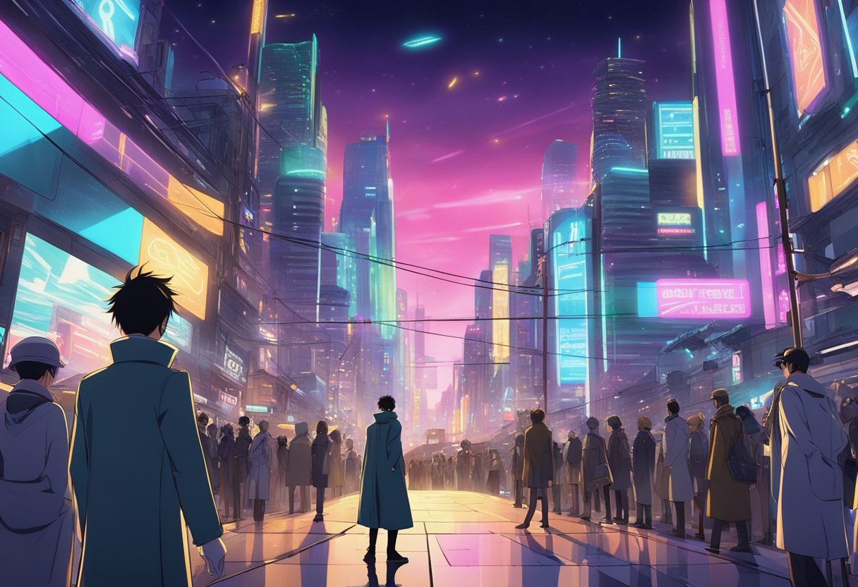 A futuristic cityscape with neon lights and sleek, high-tech buildings. A figure in a long trench coat and sunglasses stands confidently amidst the bustling crowd