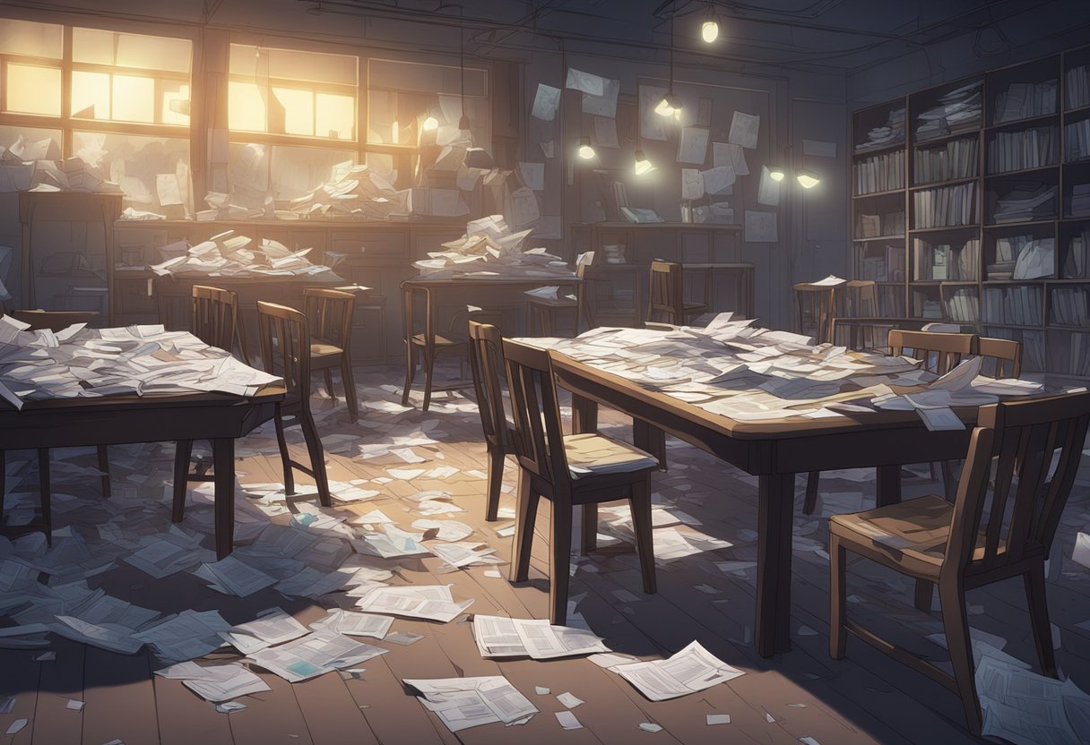 A zombie quiz, with scattered papers, overturned chairs, and flickering lights in a dimly lit room