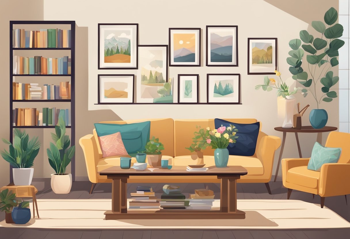 A cozy living room with family photos on the wall. A table set for dinner, with a vase of flowers. A bookshelf filled with books and personal trinkets