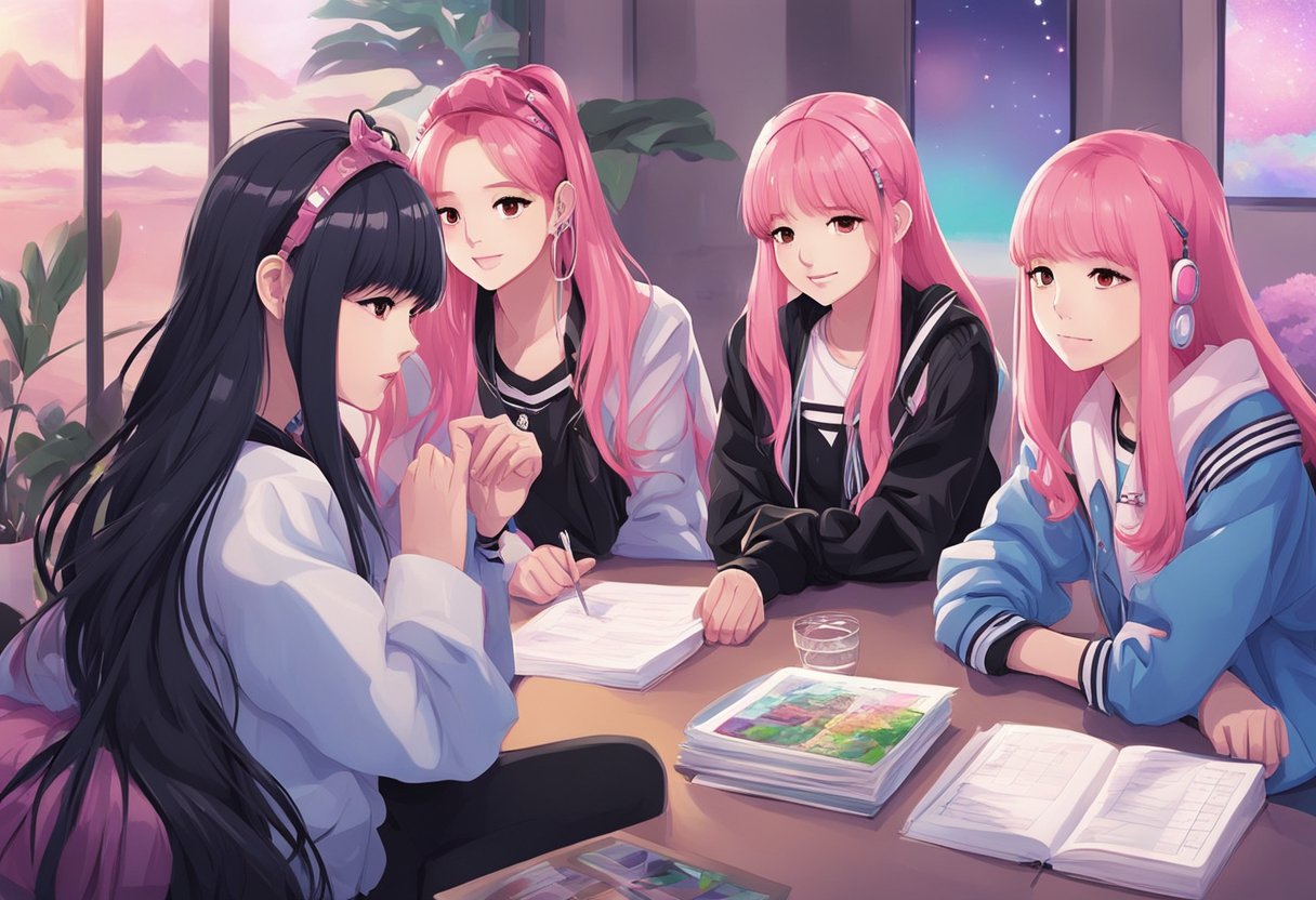 A group of Blackpink fans engage in a lively quiz, sharing their knowledge and enthusiasm for the popular K-pop group