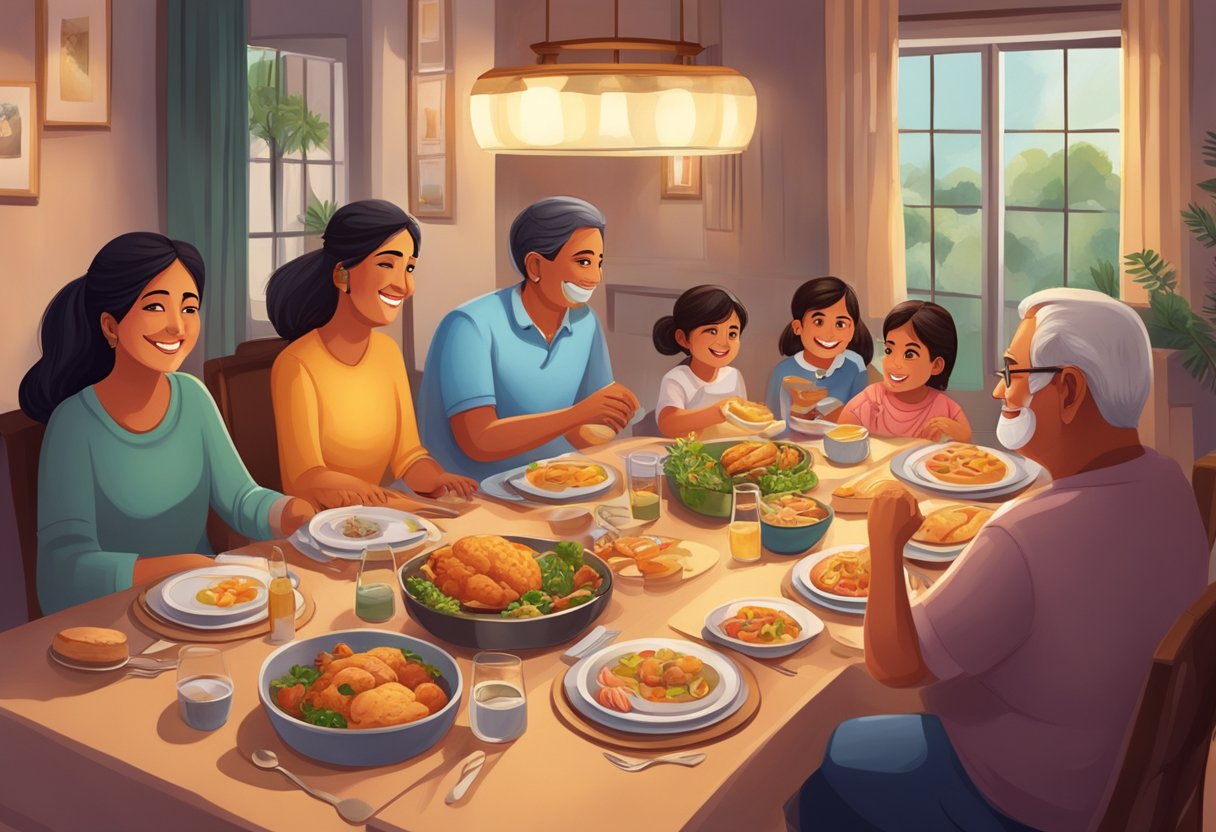 A cozy family dinner scene with Katrina Kaif's parents and siblings, sharing laughter and stories around the table. A warm, loving atmosphere with family photos on the wall