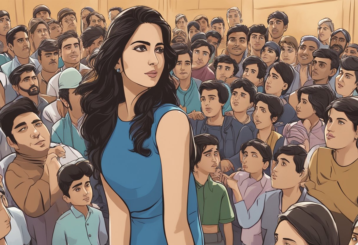 Katrina Kaif's career beginnings: a young woman in a Bollywood audition, surrounded by eager filmmakers and a bustling crowd