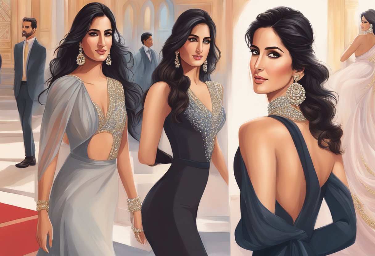 Katrina Kaif's rise to stardom portrayed through a series of glamorous red carpet events, movie premieres, and magazine covers, showcasing her elegance and poise