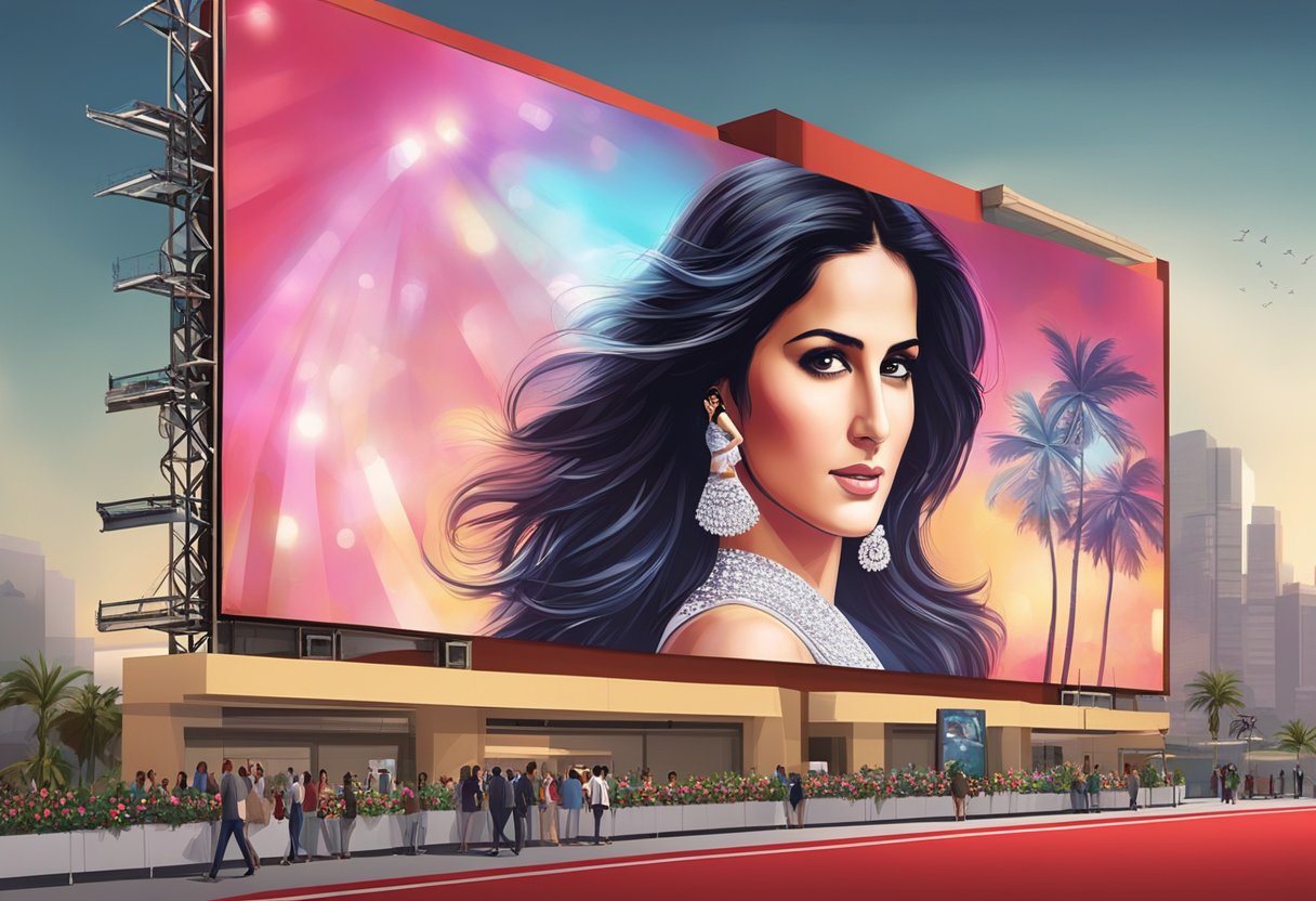 A spotlight shines on a glamorous red carpet event, with cameras flashing and fans cheering. A larger-than-life image of Katrina Kaif is displayed on a towering billboard, showcasing her influential status in the entertainment industry