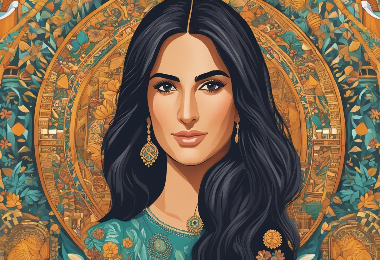 A biography book cover with Katrina Kaif's name in bold letters, surrounded by cultural symbols and imagery representing her background and achievements