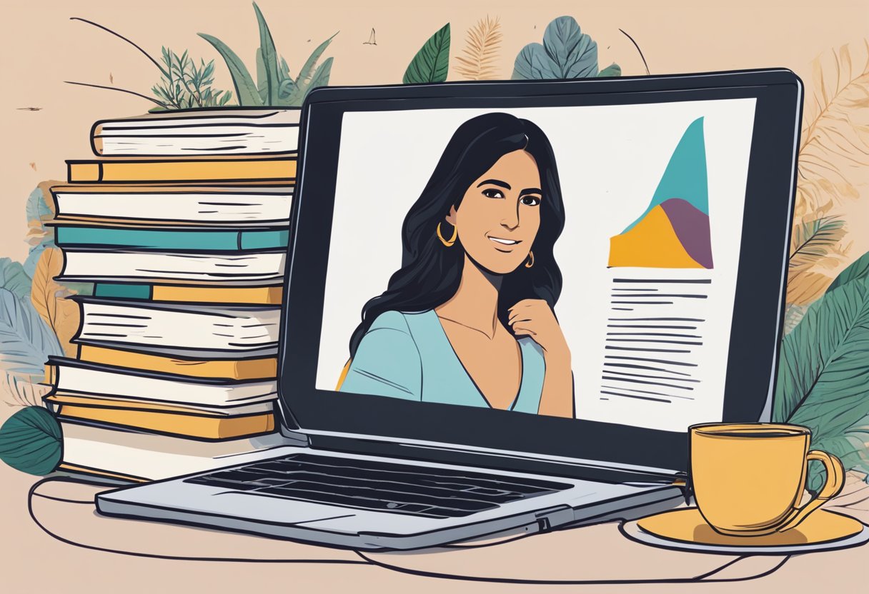A stack of books on Katrina Kaif's biography, with a laptop open to her wiki page, surrounded by family photos and a net worth chart