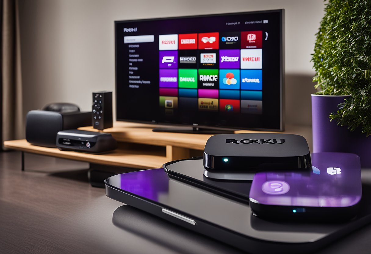 Multiple electronic devices, including a smartphone and a Roku streaming device, are shown in close proximity. The smartphone is displaying an AirPlay icon, and the Roku is connected to a TV