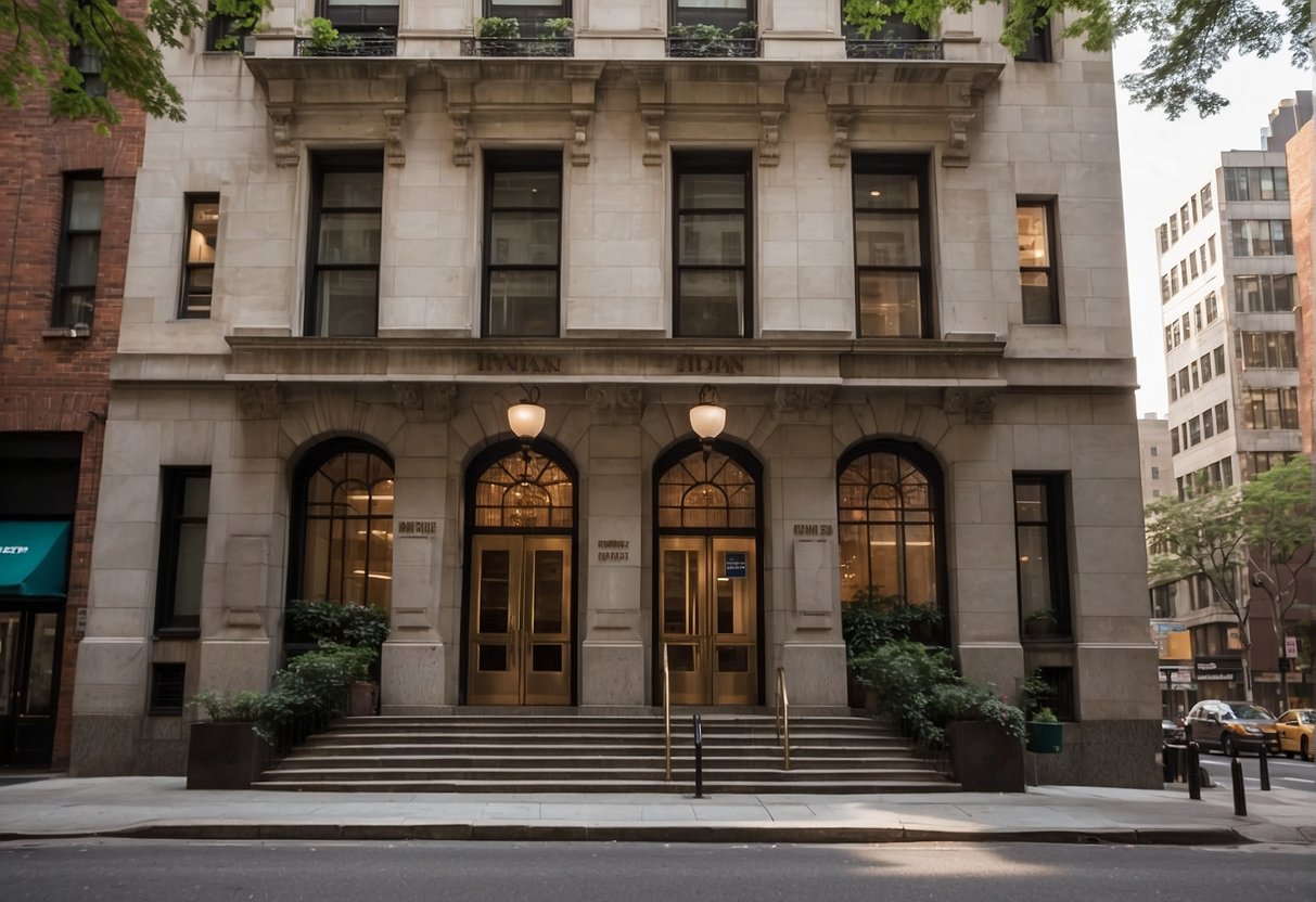 The Indian consulate in New York provides consular services and information. The building features the Indian flag and signage in English and Hindi