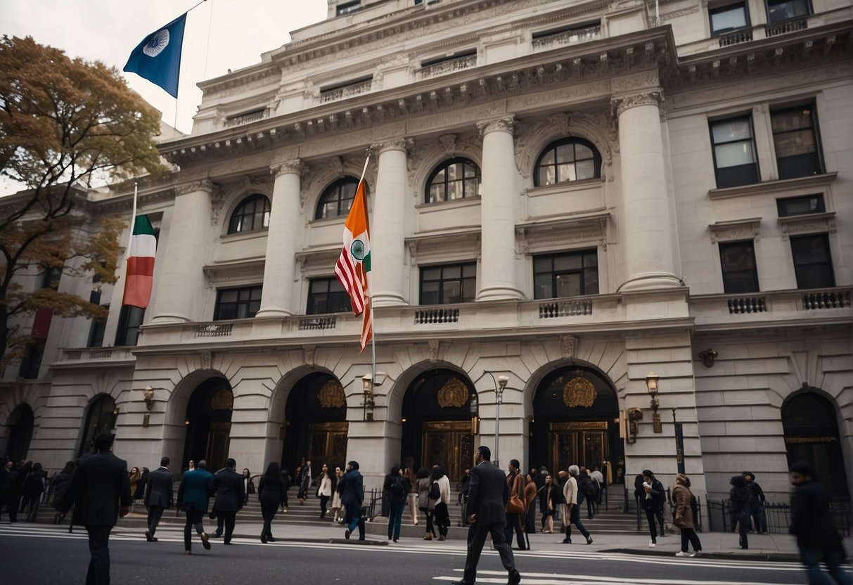 The Indian consulate in New York bustles with people entering and exiting the grand building, adorned with the Indian flag and intricate architectural details