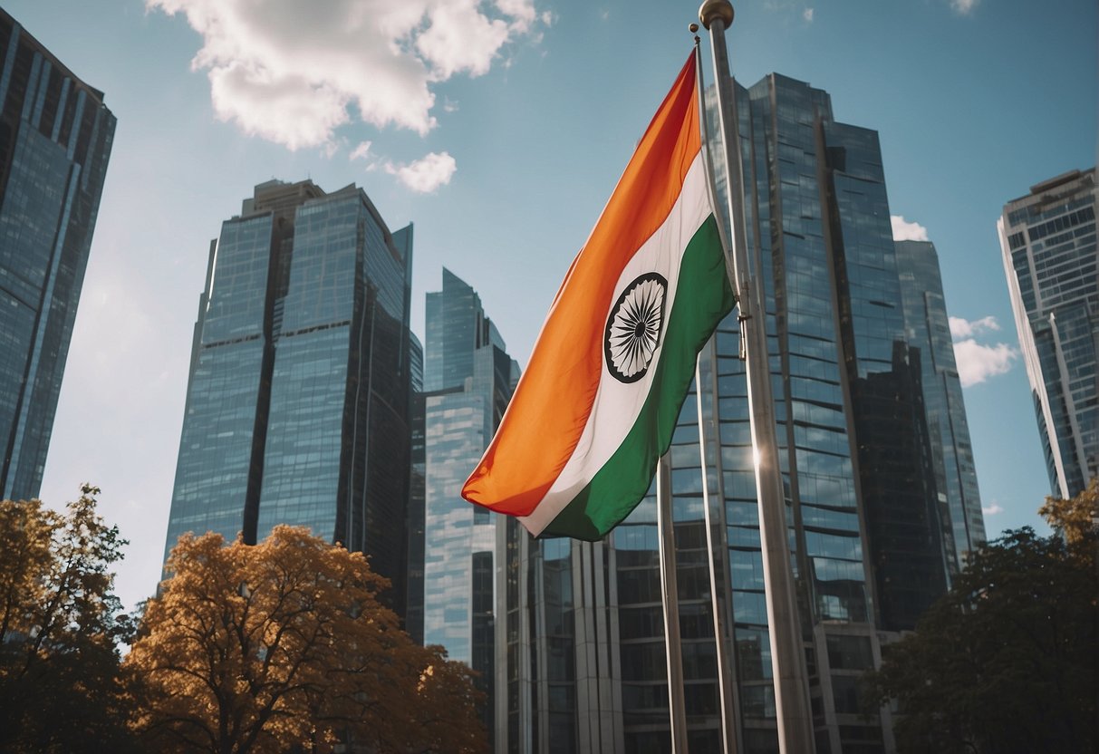 The Indian consulate in Toronto stands tall, with its flag waving proudly in the breeze, surrounded by a bustling cityscape