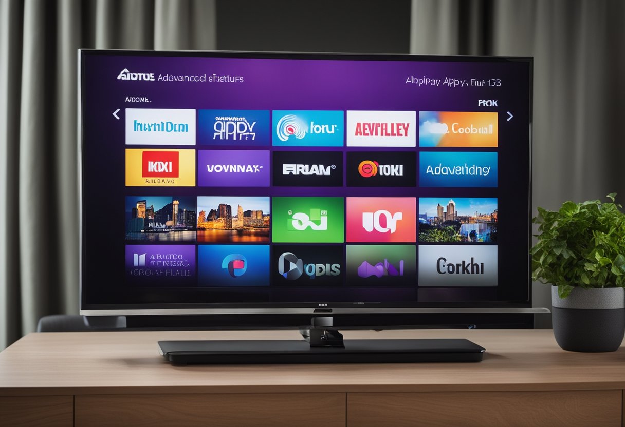 A television screen displaying the "Advanced Airplay Features" logo while wirelessly streaming to a Roku device