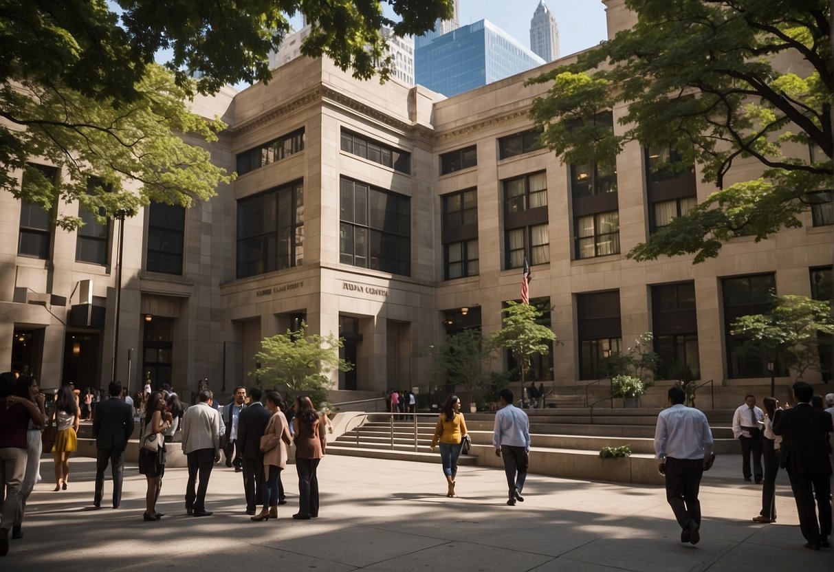 The Indian consulate in Chicago bustles with visitors and staff, the building's architecture blending traditional Indian design with modern elements