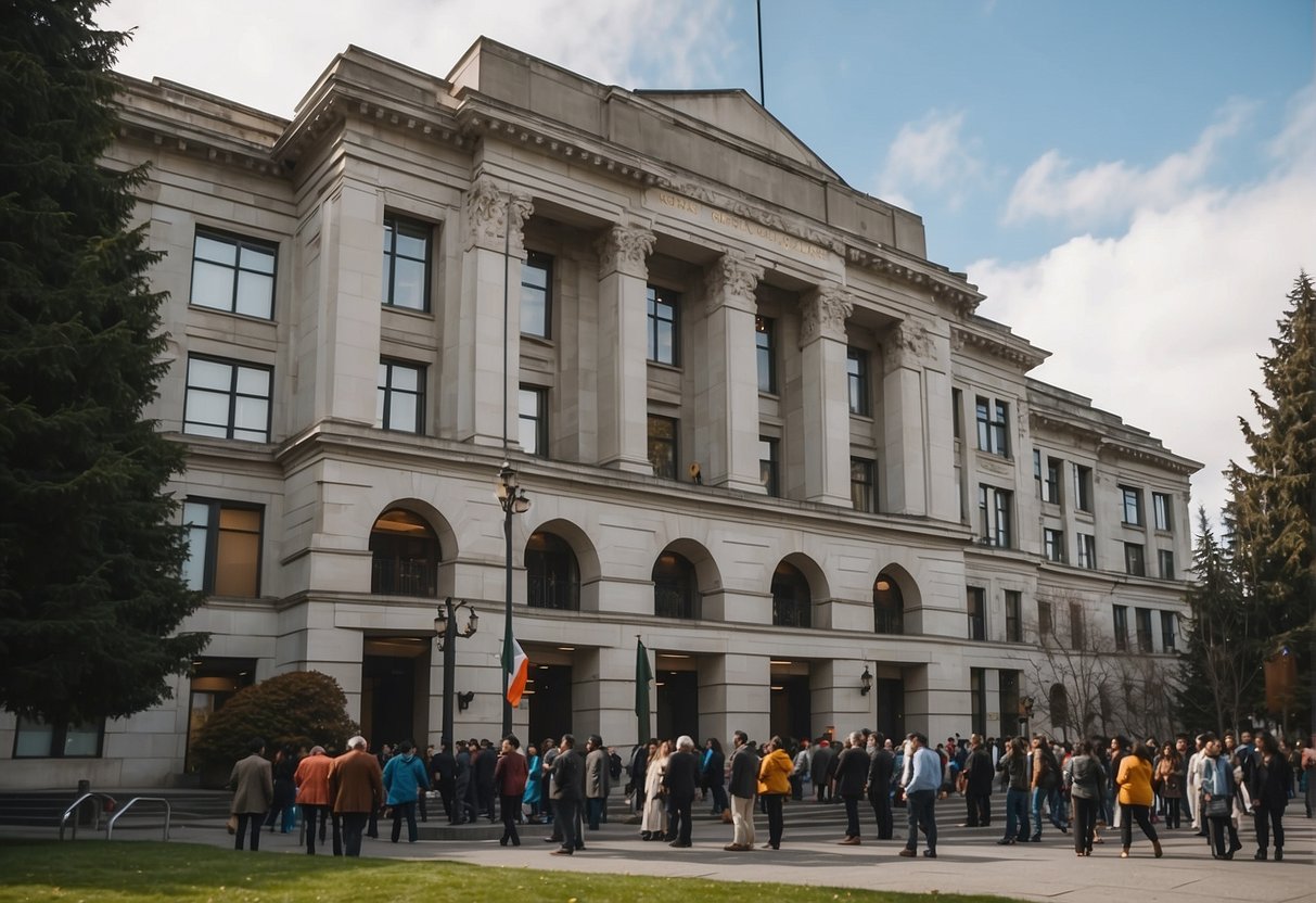 The Indian consulate in Vancouver bustles with people and activity, as visitors line up outside the grand building, while staff members move purposefully inside