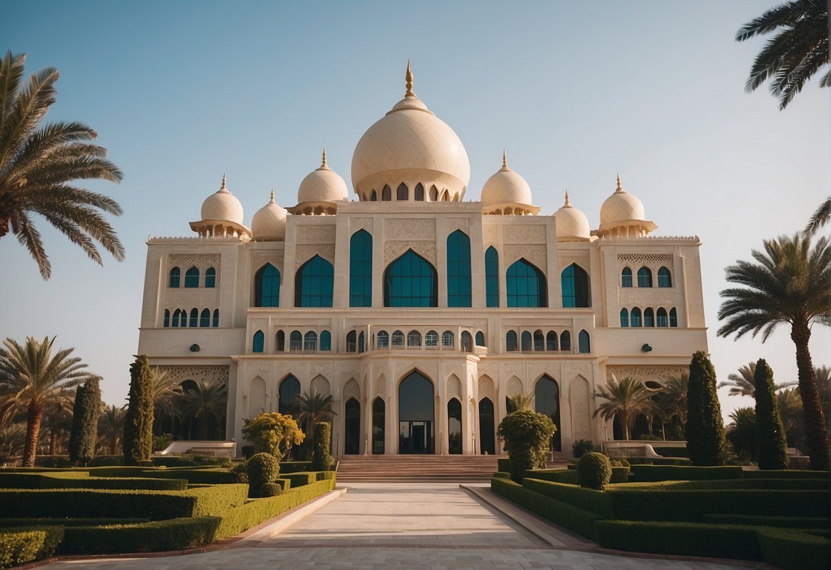 The majestic Embassy of India in Abu Dhabi stands tall with its intricate architectural details and vibrant colors, surrounded by lush greenery and the clear blue sky