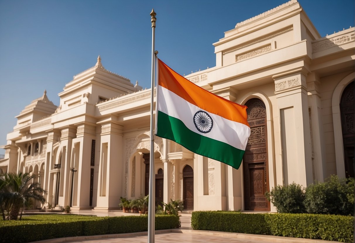 The Indian Embassy in Abu Dhabi offers consular services. The building exterior is adorned with the Indian flag and intricate architectural details