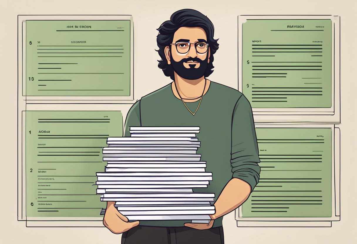 A stack of FAQs with Prabhas' personal details, surrounded by a family portrait and a net worth graph