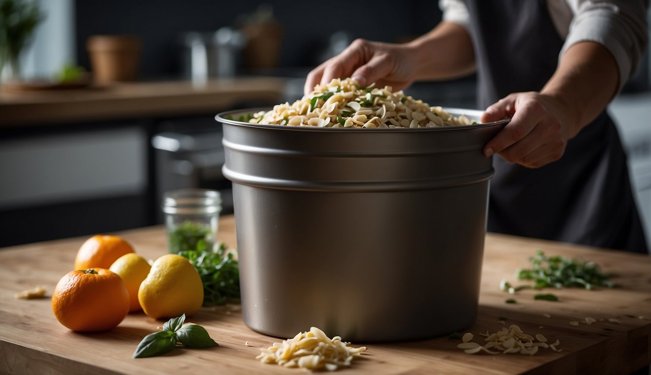 A hand pours food scraps into a DIY bokashi bucket, adding bokashi bran and pressing down to compact the contents. The bucket is sealed with a lid and left to ferment