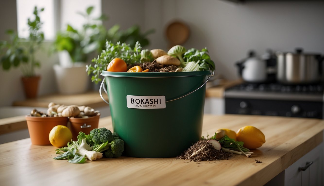 A bokashi bucket sits on a kitchen counter, filled with food scraps and covered with a lid. Nearby, a compost bin and potted plants demonstrate sustainability