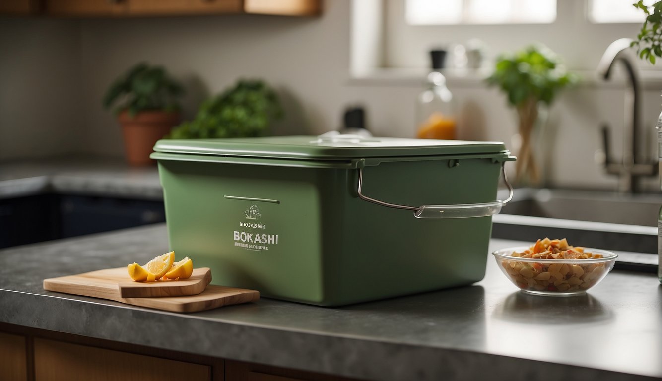 A DIY bokashi bucket sits on a kitchen counter, filled with food scraps and covered with a lid. A small spigot is visible at the bottom