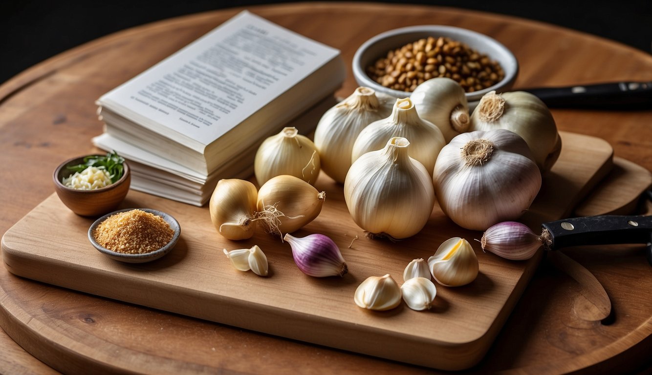 Elephant garlic bulbs and various ingredients arranged on a wooden cutting board, with a recipe book open to a page on garlic pairings